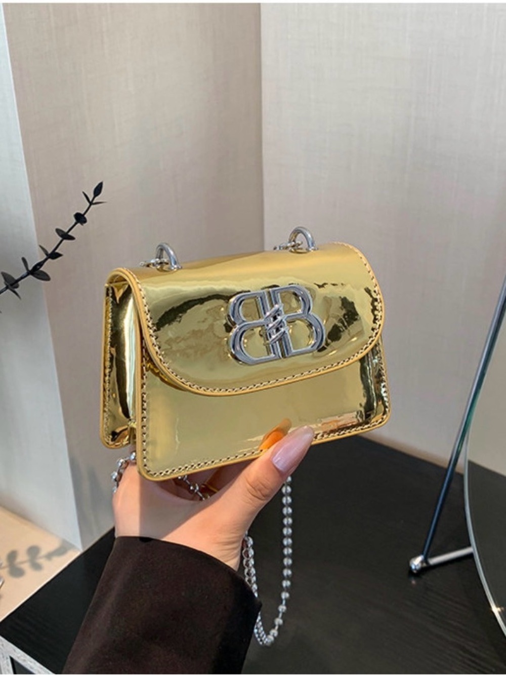 A Classy Chic Boutique Gold Metallic Mini Crossbody with Silver Logo